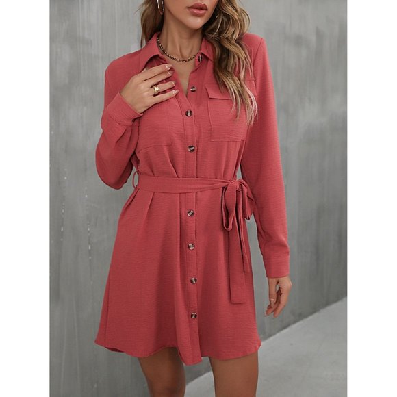 A Classy Chic Boutique Dresses & Skirts - Button Down Belted Long Sleeve Shirt Dress